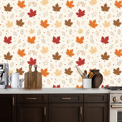 Peel and Stick Wallpaper Autumn Maple Leaves Orange Red Brown Foliage Minimal Botanical Line Contact Paper Removable Self Adhesive Wall Mural Wall Decor for Bedroom Kitchen Cabinets 24in x 118in