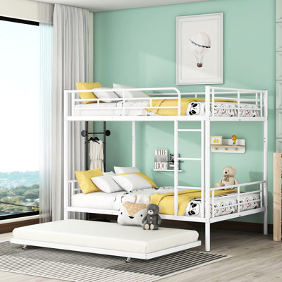 Lit superposé double au-dessus d'un lit gigogne double en métal avec rangement blanc pour un lit et un cadre élégants pour les jeunes, dispositif d'économie d'espace, guide d'assemblage facile