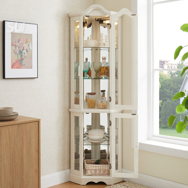 Lighted Corner Curio Cabinet With Tempered Glass Doors & Shelves - Elegant Oak Display Storage For Living Room & Bedroom Decor