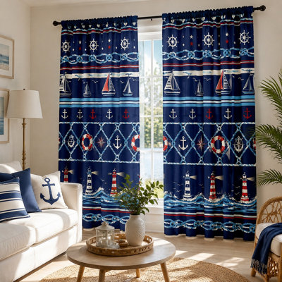 2Pcs Nautical Themed Curtains, Light Filtering Fabric, Sailboat Anchor Lighthouse Pattern, Decorative Sunshade and Privacy Protection, Rod-Pocket Design, for Living Room, Bedroom, Balcony, Kitchen Home Decor