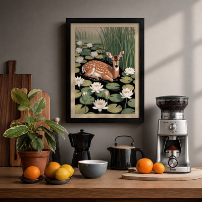 Deer Among Water Lilies Botanical - Framed Print