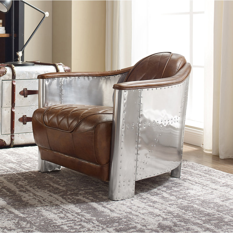 Pettengill Tufted Distressed Genuine Top-Grain Leather Accent Armchair, Cognac Distressed