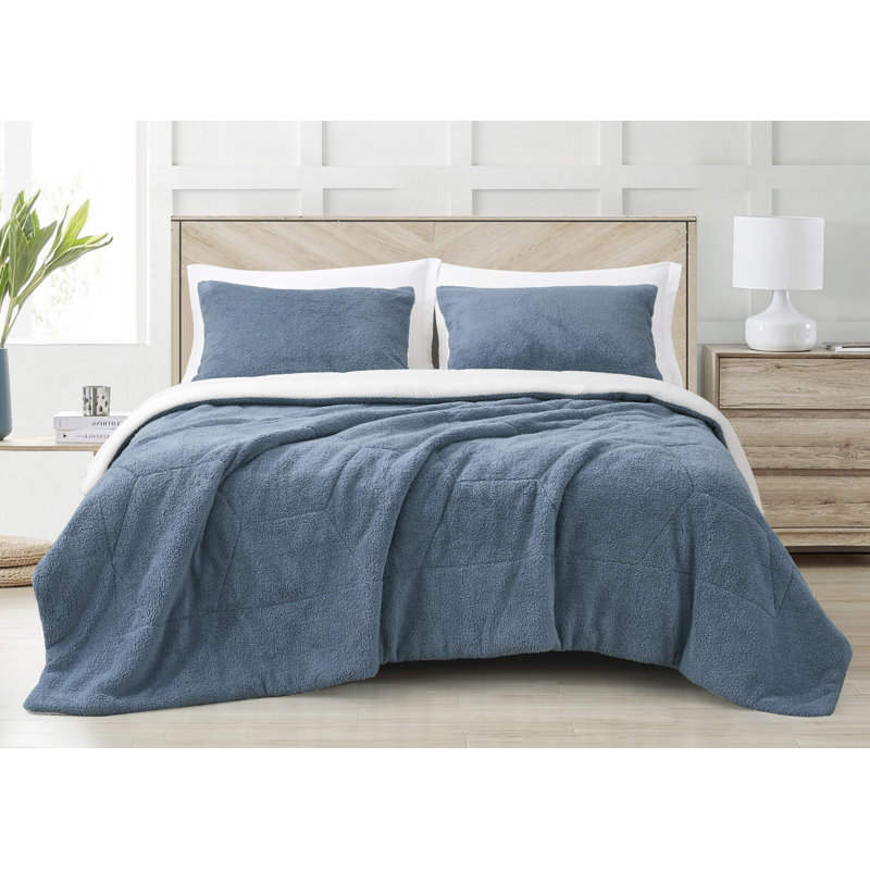 Double Sided Sherpa Reversible Comforter Set, Blue, Full Comforter + 2 Standard Shams