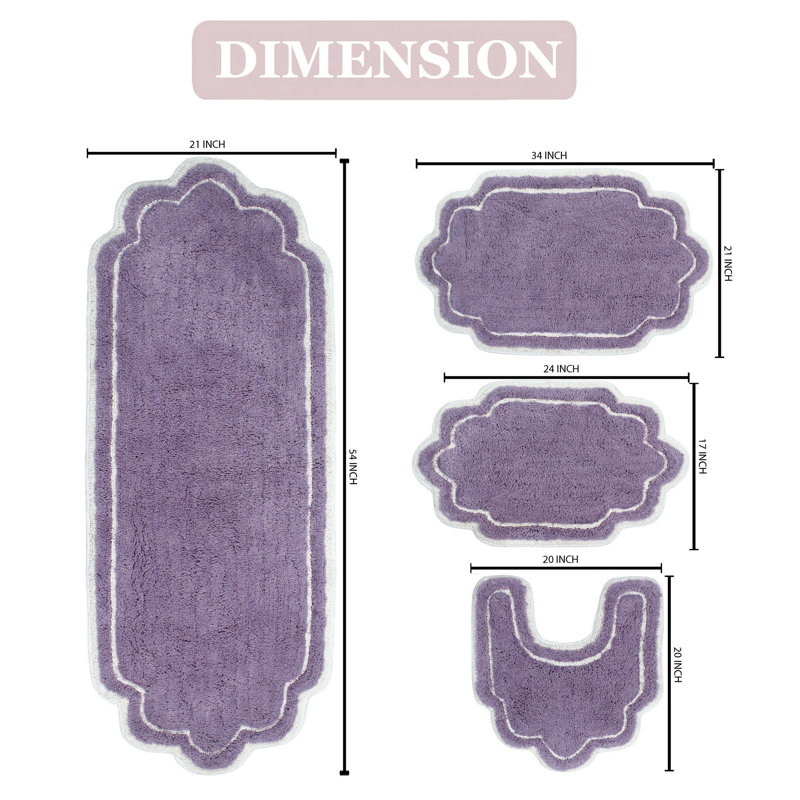 Dobrinsky 100% Cotton Bath Rug and Contour Mat, Machine Washable, Quick Dry, Absorbent - 4 Piece Set, Purple