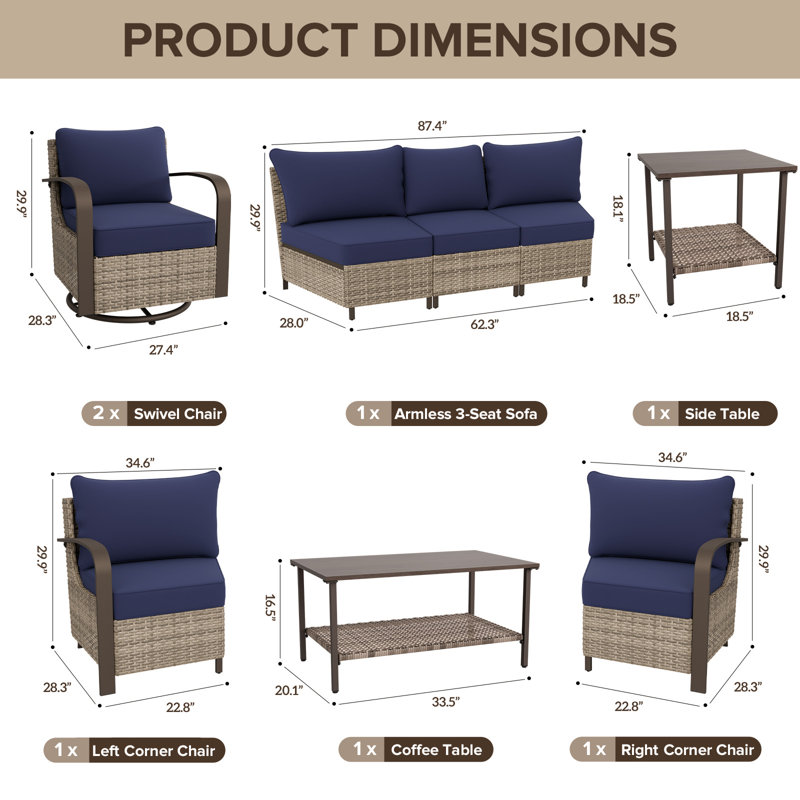 7 - Person Patio Conversation Set with Swivel Lounge Chairs, Blue