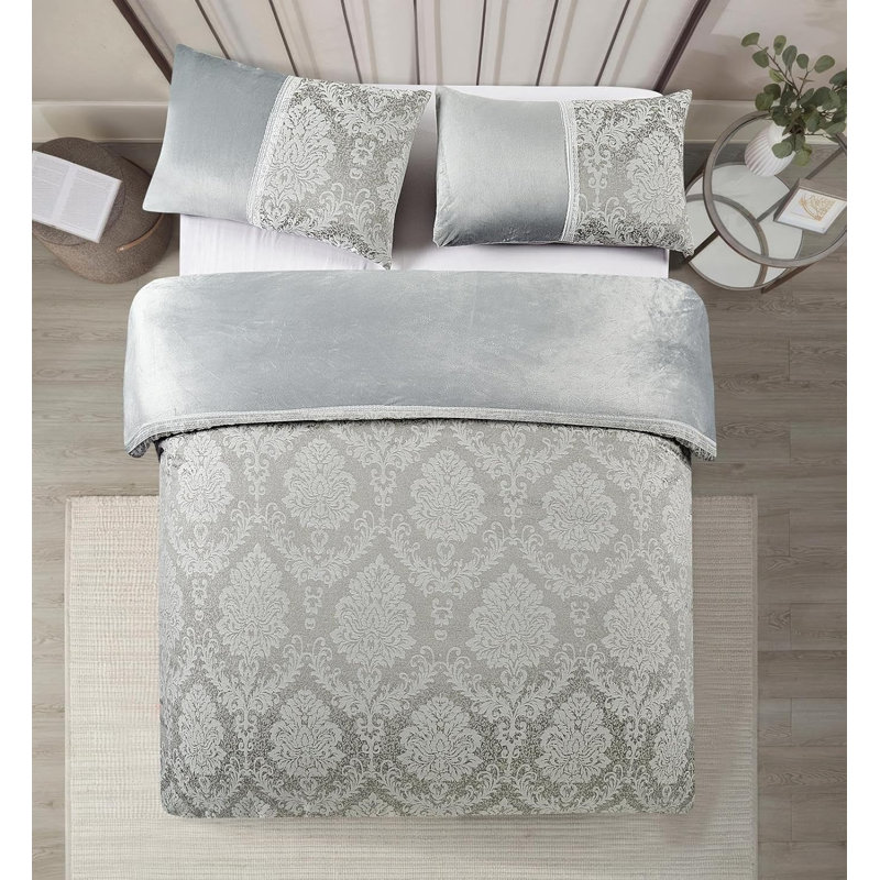 Polyester Damask Duvet Cover Set, Silver, Super King Duvet Cover + 2 Pillowcases