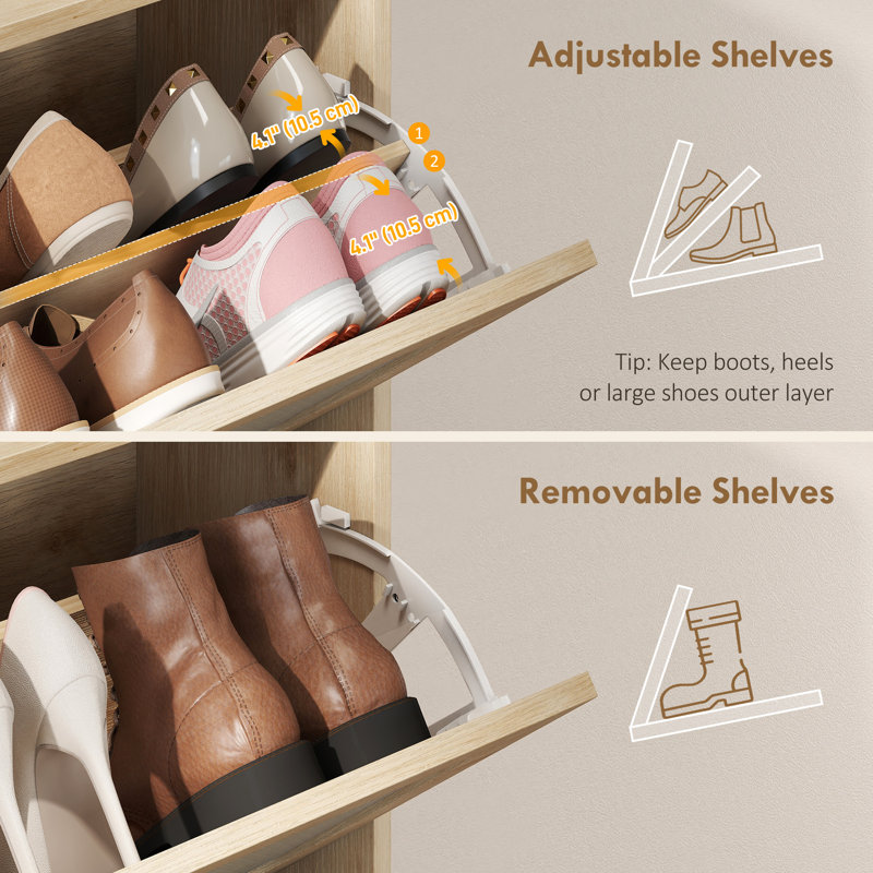 Shoe Cabinet with 2 Flip Drawers, Boho Narrow Shoe Rack, Oak