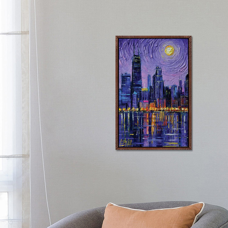Chicago Skyline by Mona Edulesco - Painting on Canvas, 66.04cm H x 45.72cm W x 3.81cm D, Classic Brown Wood Framed