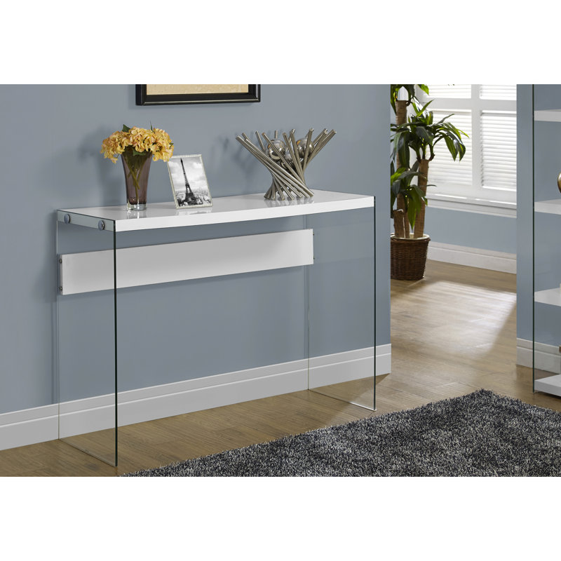 Console de chambre à coucher contemporaine avec finition blanche brillante et accents de verre transparent, pour le verre de table d'appoint pour la maison, couloirs idéaux