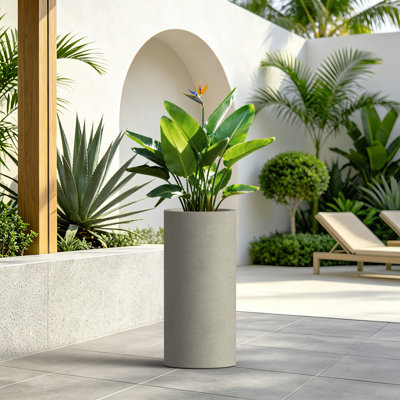 Modern Tall Cylinder Concrete Plant Pot, 11 Inch Decor Planter with Drainage Hole, Warm Gray
