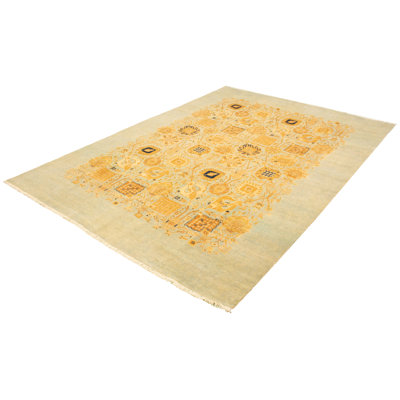 Tapis unique en laine nouée à la main Ushak brun clair 9 pi 10 po x 14 pi 1 po New Age
