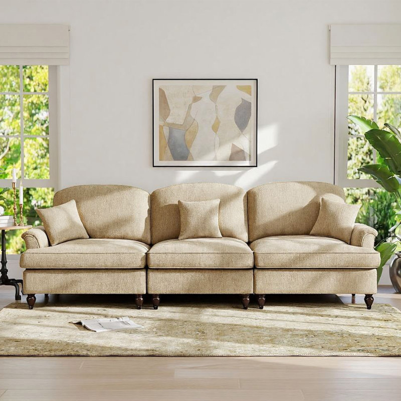 107.1''Mid-Century Chenille 3-Seater Sofa Couch with Ruffled Skirt, Brown