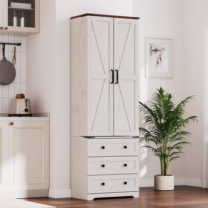 72" Brown and white color block Tall Kitchen Pantry Cabinet Wood Freestanding Storage Cabinet with 2 Doors & 3 Drawers & Adjustable Shelves Utility Cupboard for Kitchen Dining Room Living Room
