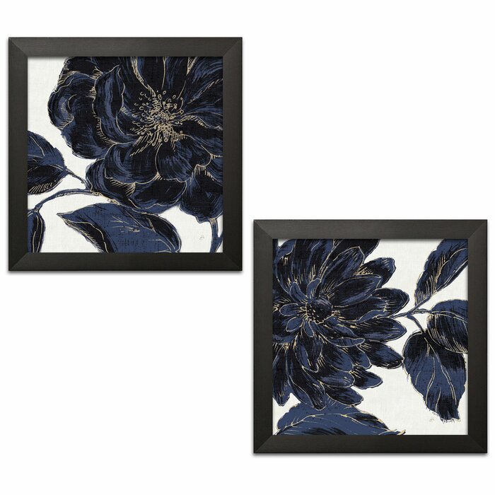 Latitude Run® 'Stunning Navy Blue and Gold Flower' 2 Piece Print Set ...