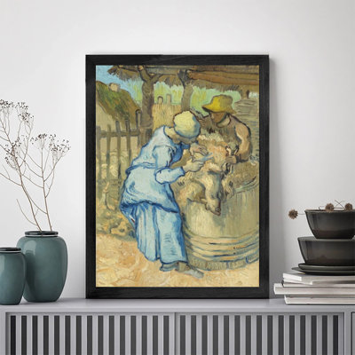 Décoration murale de luxe avec cadre en bois noir femme lavant ses vêtements, idéal pour le salon, la chambre, le bureau ou le couloir