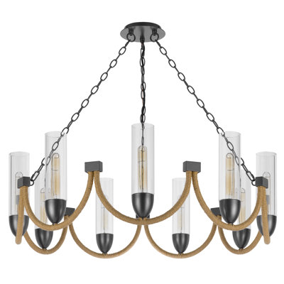 Lustre en métal bronze foncé à 9 lumières Argyle avec abat-jour en verre et détails corde