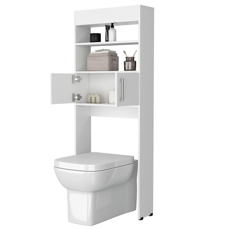 Armoire de rangement de salle de bain blanche à 2 portes avec tablettes ouvertes, autoportante pour les besoins de la toilette, organisant efficacement les fournitures, d'une hauteur de 63 pouces