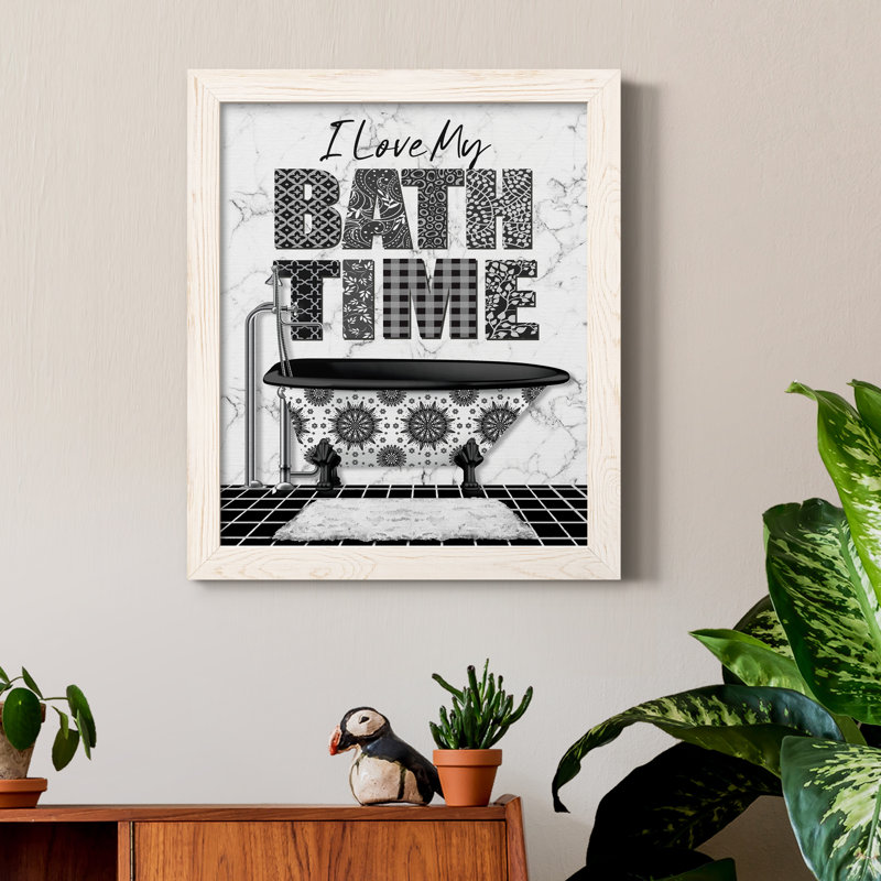 «Bath Time», art textuel sur toile, H 20 po x l 17 po x P 1,5 po, Cadre blanc