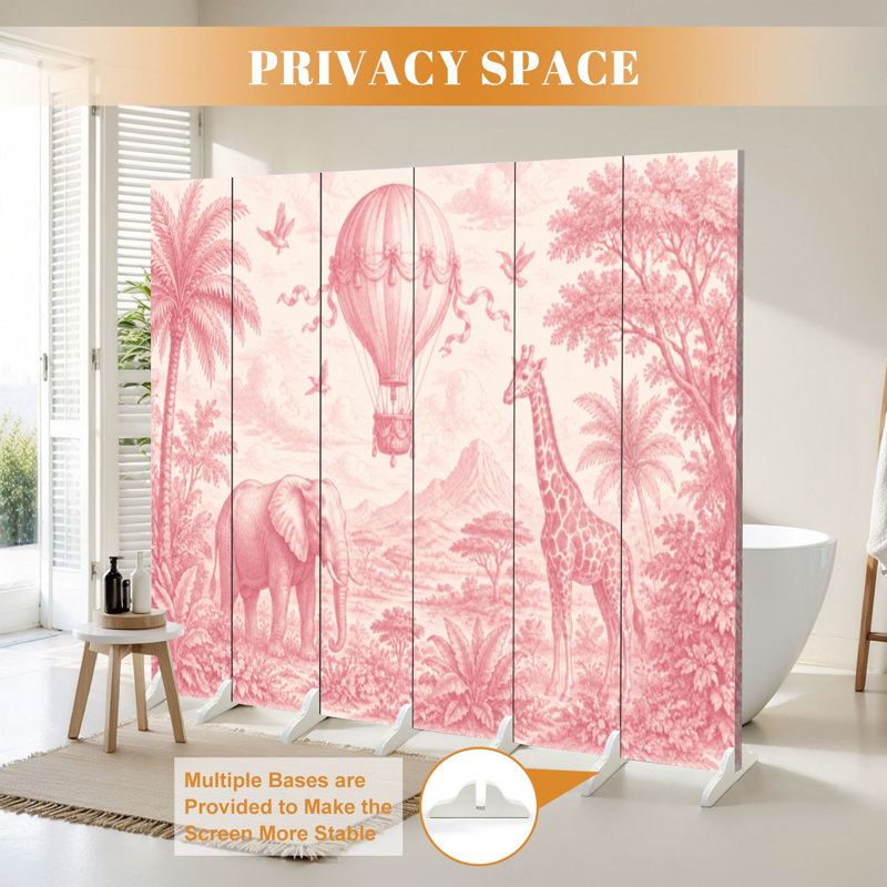 Paravent 6 panneaux à cloisons pliantes Royal Vintage Scène rose montgolfière Éléphant Toile Séparateur de pièce Paravent de protection autoportant Cloison d'intimité