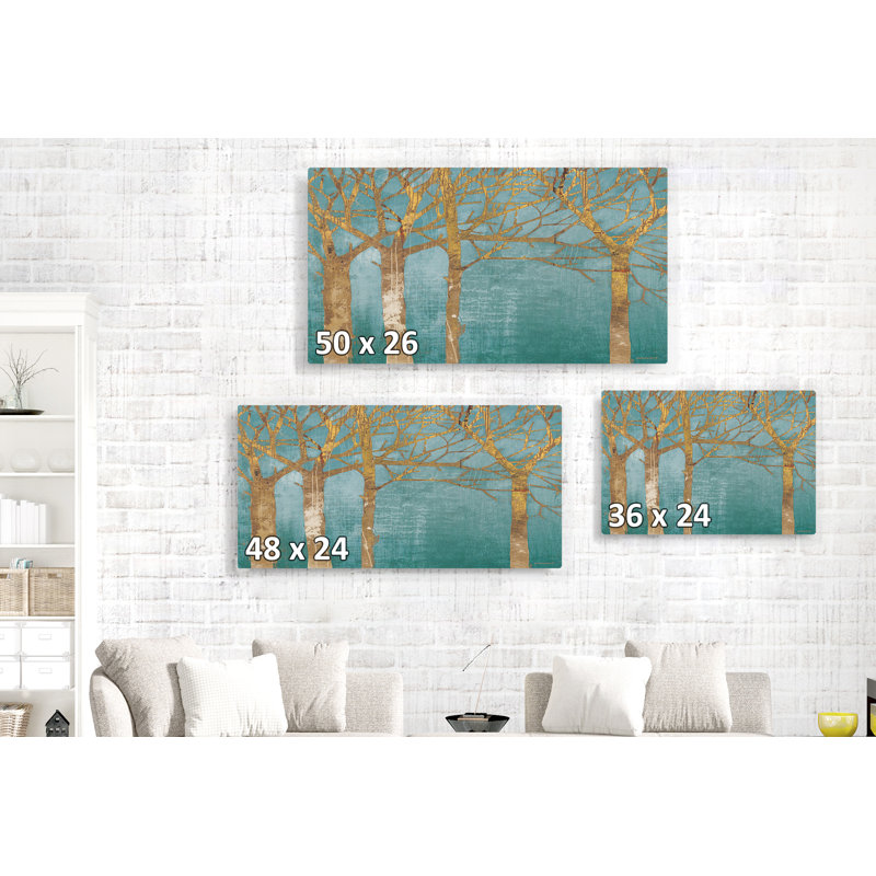 Arbres dorés sur un terrain turquoise, forêt, branches, H 24 po x l 36 po x P 1,5 po