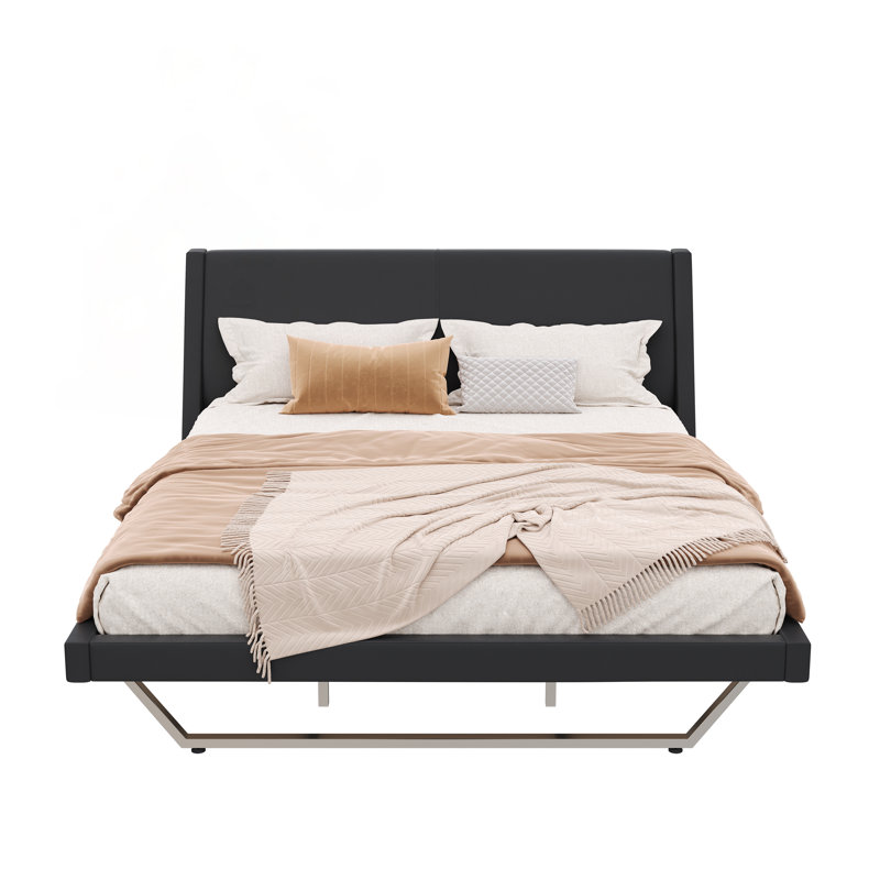 Très grand cadre de lit tapissier très grand, plateforme en cuir d'unité centrale avec courbe ondulée et pieds trapézoïdaux, aucun sommier requis, noir