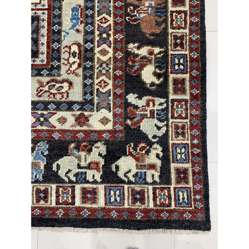 Tapis brun traditionnel en laine noué à la main à motif de bordure équestre classique, 9 pi x 12 pi