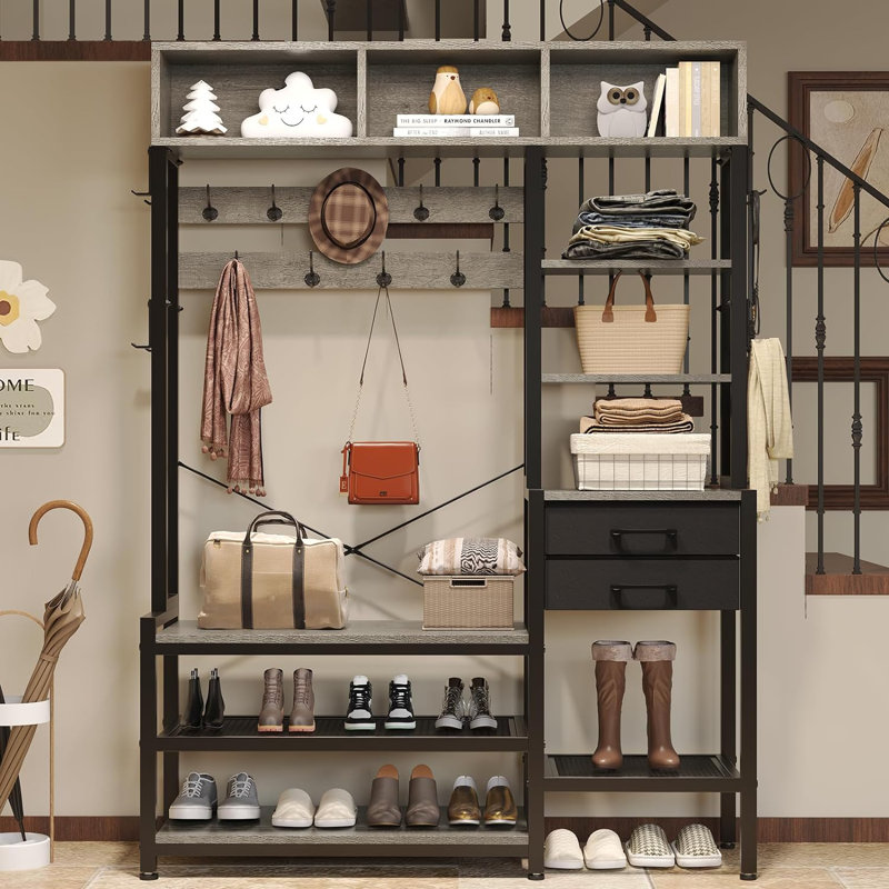 Arbre d'entrée avec banc et rangement pour chaussures, banc d'entrée 7 en 1 avec portemanteau, 3 casiers de rangement, 5 tablettes de rangement, 17 crochets à manteau, 2 tiroirs en tissu (brun rustique)
