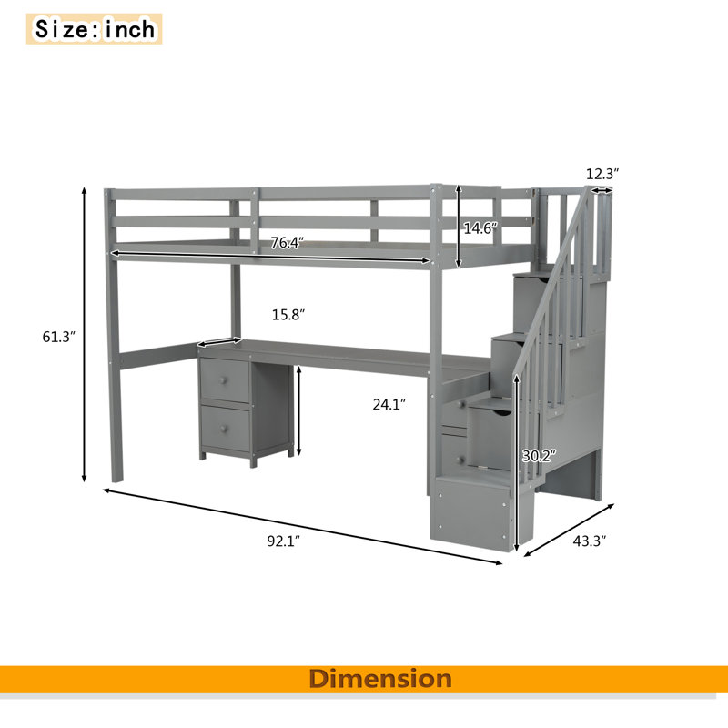 Structure de lit simple de taille mezzanine avec bureau intégré et tiroirs de rangement doubles, Gris