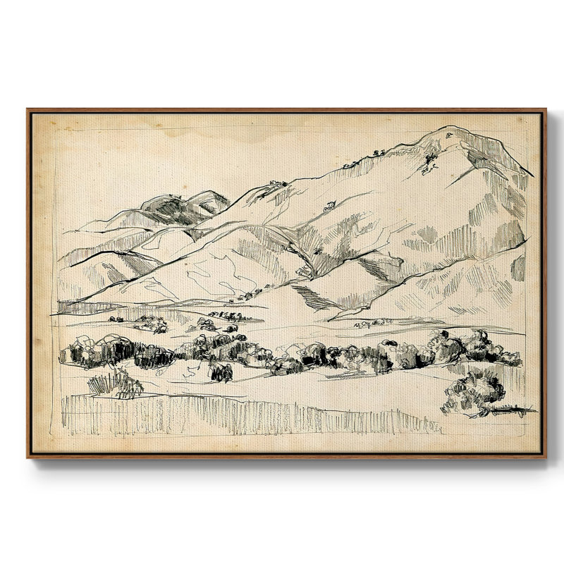 Croquis de montagne I, Pas de tapis, Toile avec cadre noyer, H 25 po x l 37 po x P 2 po
