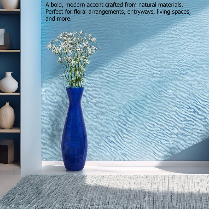 Vase de plancher cylindrique en bambou de 24 po avec trompette évasée décorative pour fleurs séchées, Bleu de cobalt