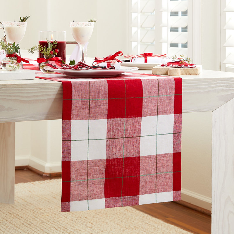 Very Merry Plaid - 100% Pure Linen Christmas Table Runner, 48" x 14"
