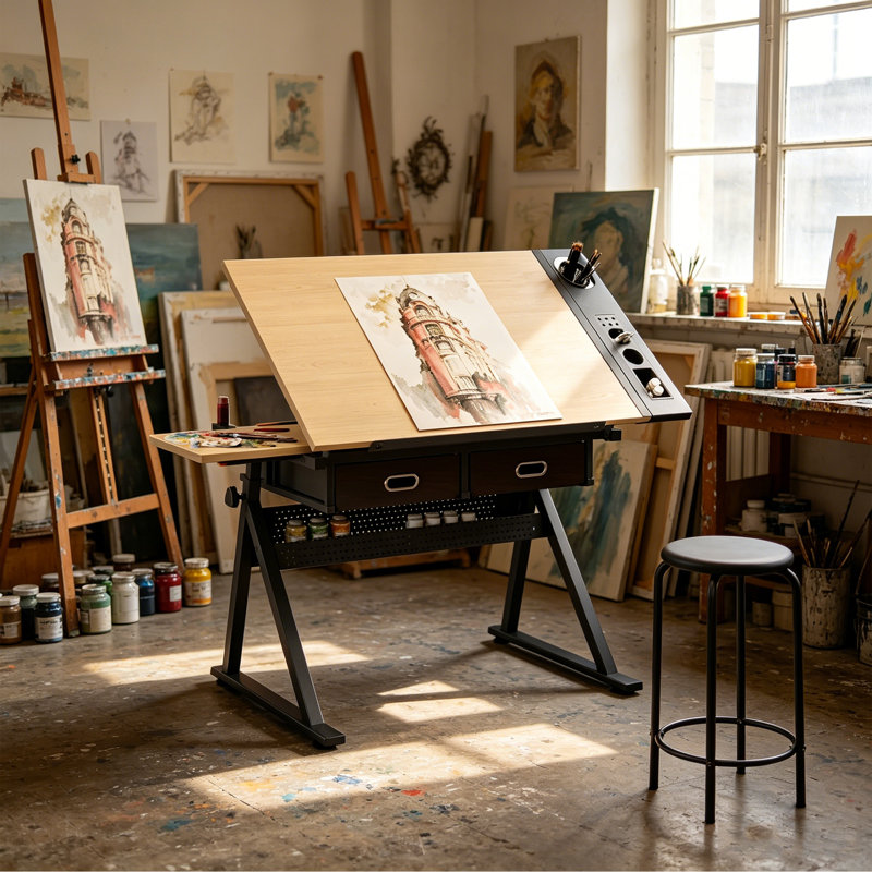 Table de travail avec tabouret, Chêne / noir