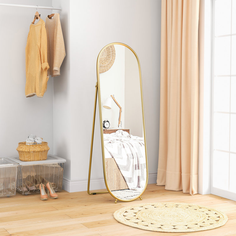 Miroir ovale pleine longueur avec cadre en métal suspendu ou incliné, doré
