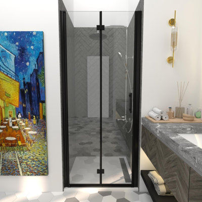 Porte de douche pliante sans cadre KeepTech de 34 x 72 po x l 35,5 po x H 72 po, finition noire mate, verre trempé transparent de 1/4 po (6 mm) de style GSC, portes de douche pliantes à panneaux pliantes, installation réversible, certification ANSI, st