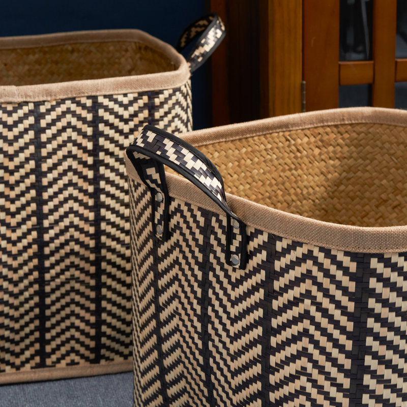 SOL HOME Isidore Square Palm Leaf Woven Wicker Storage Basket with Handles