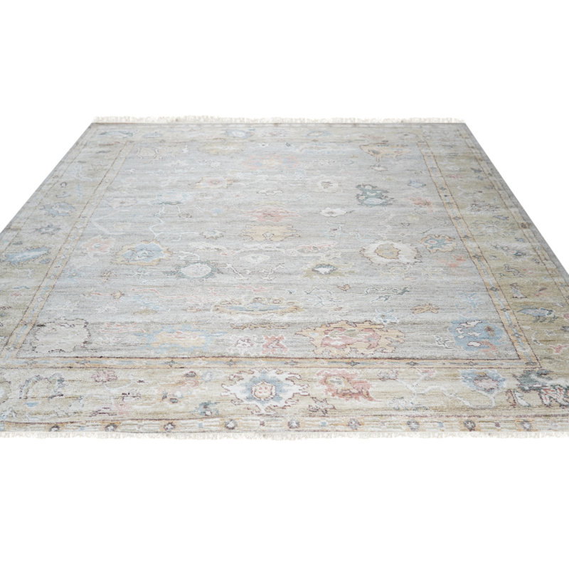 Tapis en soie naturel à motif floral gris / vert olive noué à la main Silk