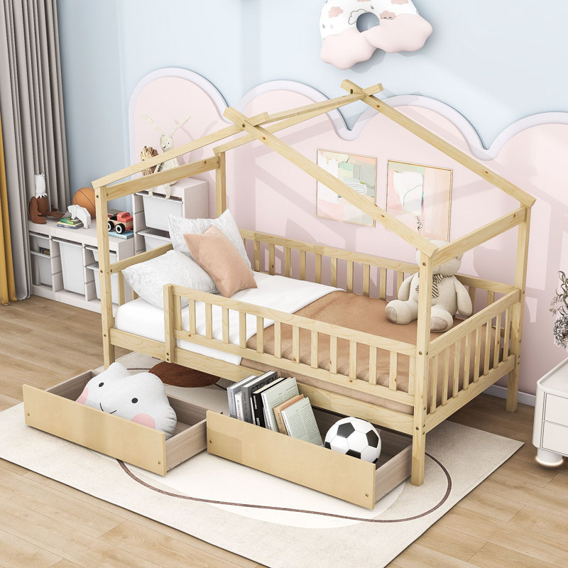 Lit en bois avec 2 tiroirs, toit et garde-corps, Simple, Blanc