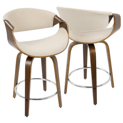 Mid-Century Modern Counter Stool In Walnut Wood And Cream Fabric By  - Set Of 2