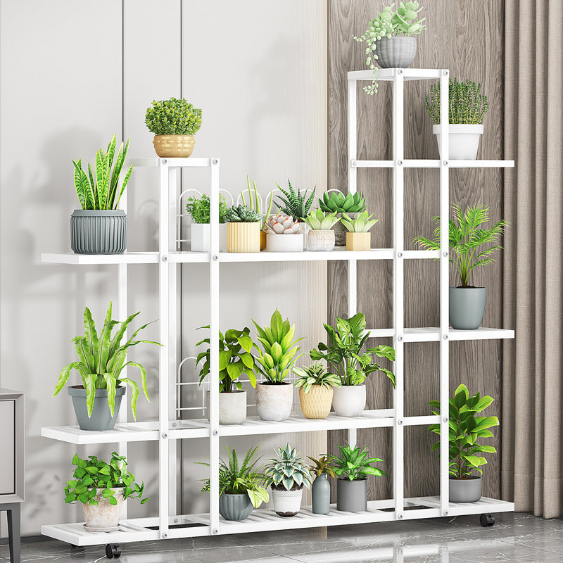 Flower Display Stand, Wrought Iron Corner Multiple Planter Rack Organizer With Wheels For Room Corner Balcony, White