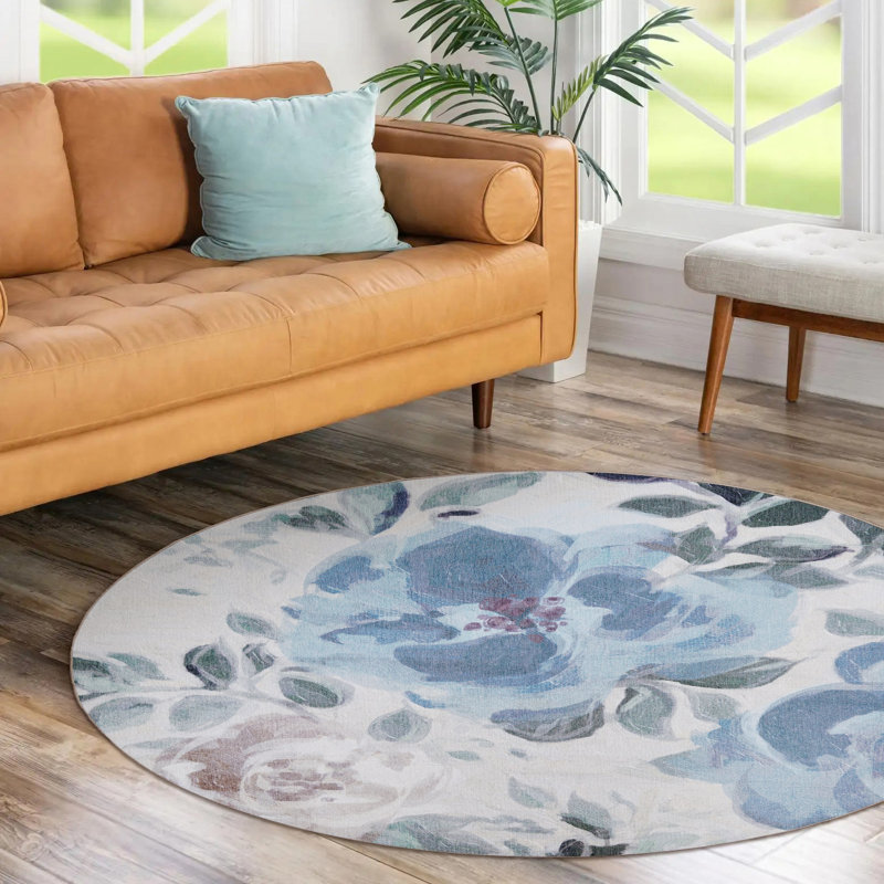 Tapis lavable lavable à fleurs crème bleu 2,5 x 7, Rond 6 pi