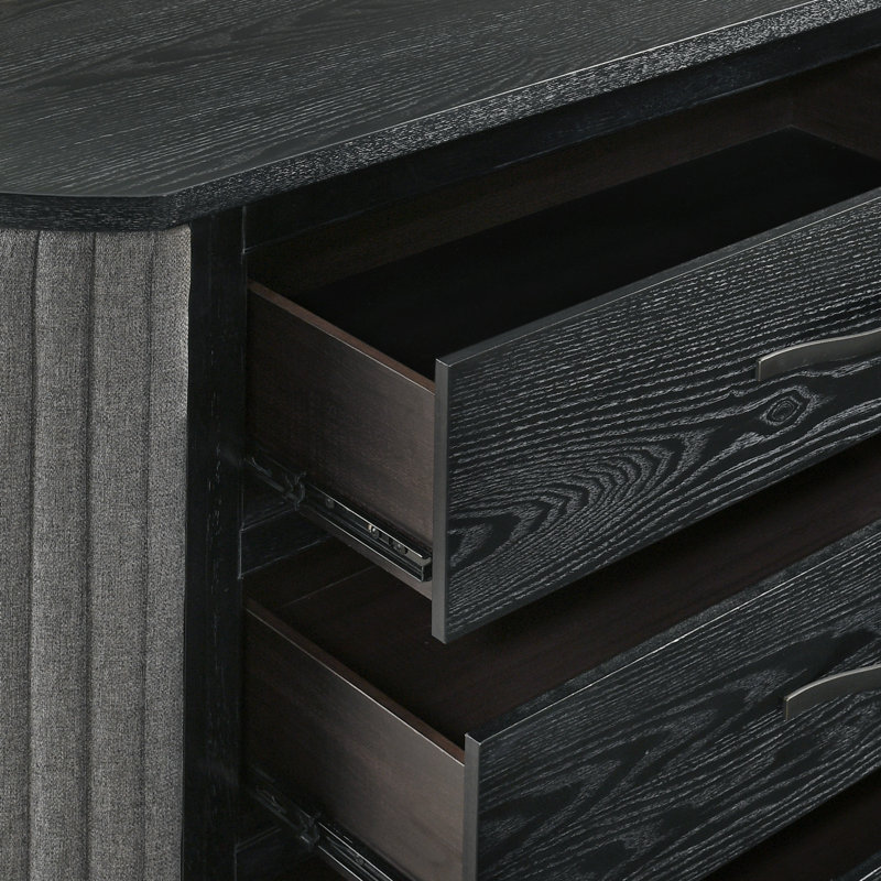 Commode Sevy avec tissu rétro, noir et gris, 6 tiroirs
