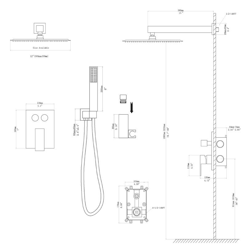 Douche murale carrée noire matte à double fonction de 12 pouces avec - valve équilibrée, tête de pluie ultra-mince, pivot à 360 ° et solution de nettoyage simple, conception polyvalente
