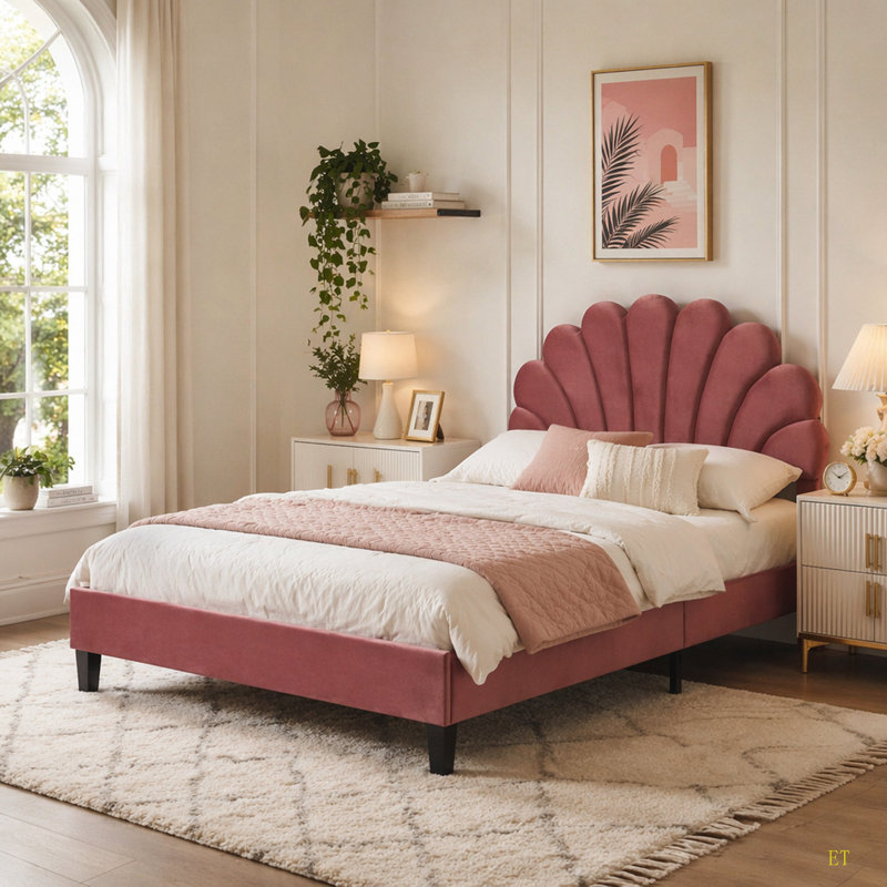 Grand lit plateforme tapissier avec tête de lit en velours à motif floral, pâte de haricots