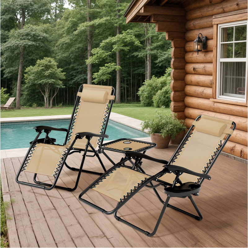 Adjustable Zero Gravity Lounge Chairs Detachable Tray & Headrest Pillow Portable Outdoor Recliners For Patio Beach, Beige