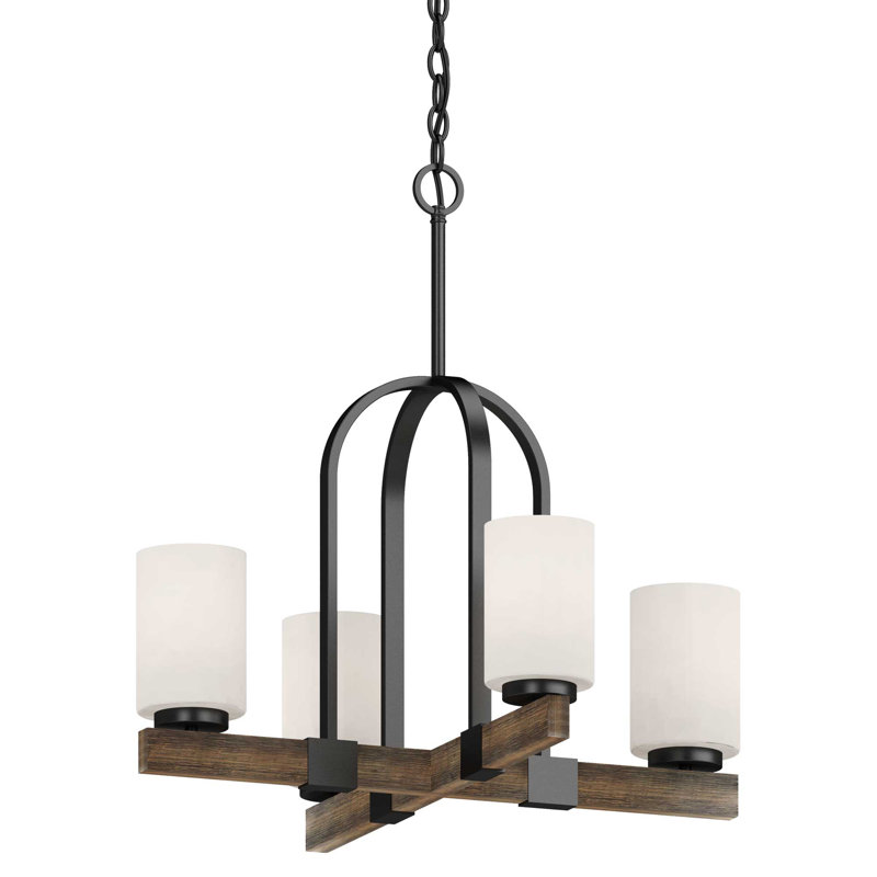 Didi 4-Light Indoor Walnut Hanging Chandelier with White Cased Glass Cylinder Shades