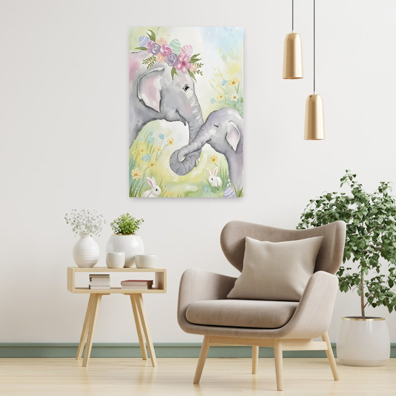 Doux éléphants de Pâques, art abstrait contemporain de paysage floral, H 36 po x l 24 po