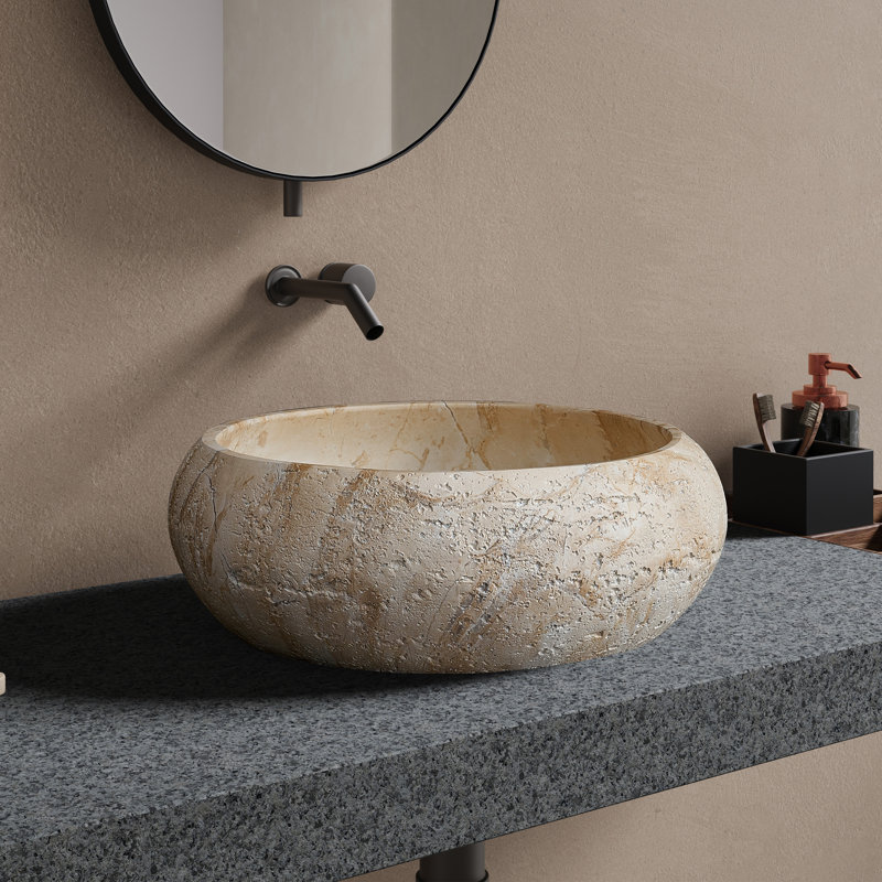 16" Stone Zen Bathroom Sink Solid Surface Round Vessel Basin Artistic Style Sink In Yellow Travertine Veining, Natural, Round