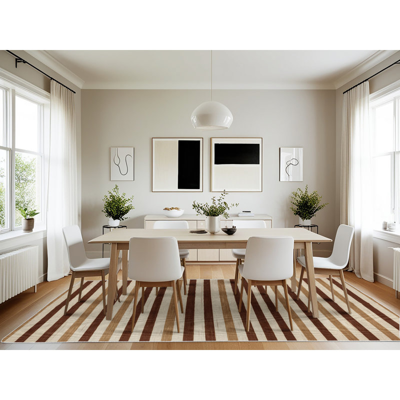 Tapis beige à rayures horizontales lavable à la machine, Rectangle 7 pi x 10 pi