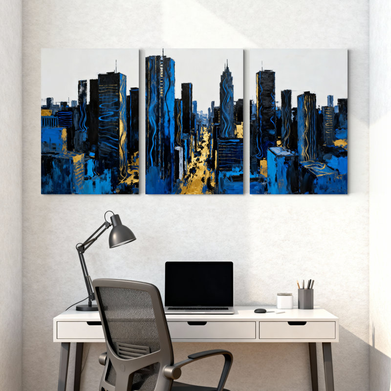 Cités et pays, bleu, noir, or, horizon de la ville, ensemble de 3 reproductions d'art sur toile, H 18 po x l 36 po