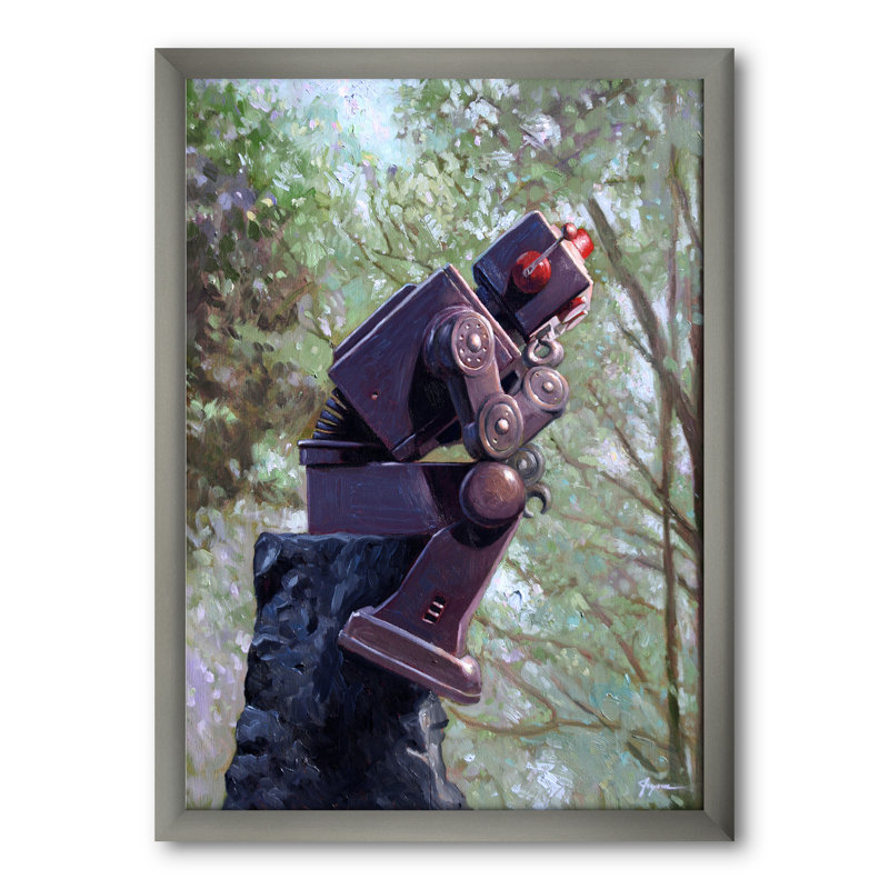 «Robot Th pensant dans les bois», reproduction d'art sur toile encadrée, H 46 po x l 36 po x P 1,5 po, Cadre argenté